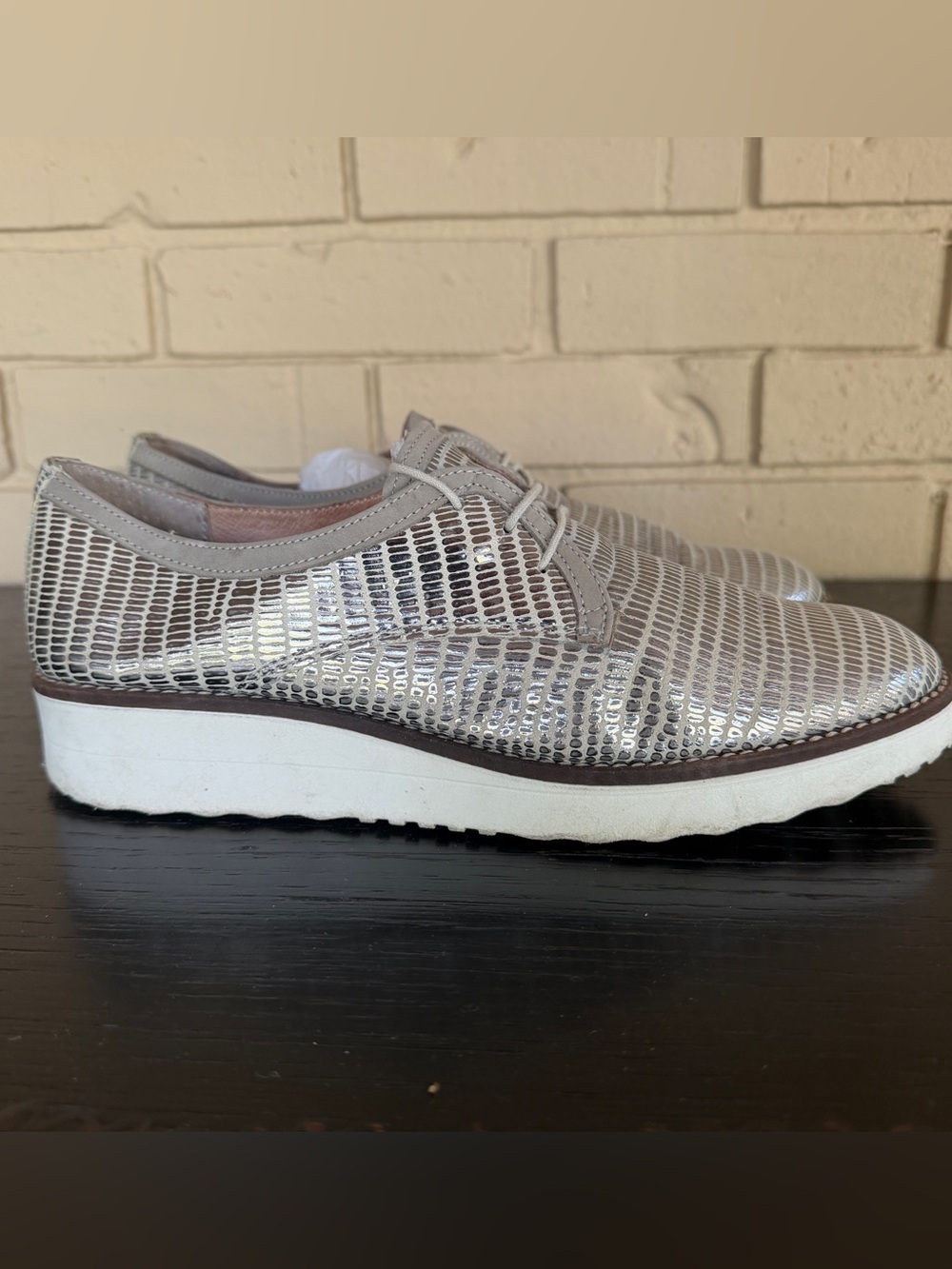 Eram Womens Shoes Loafers Silver Metallic Leather Black Platform Comfort 41 / 10
